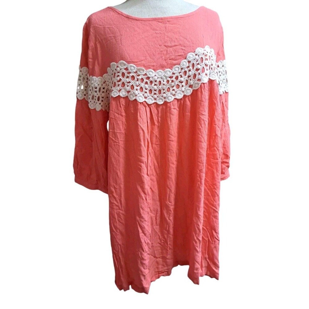 Kori America Plus Curvy Tunic Dress Women's XL Coral Peasant Boho Artsy Festival